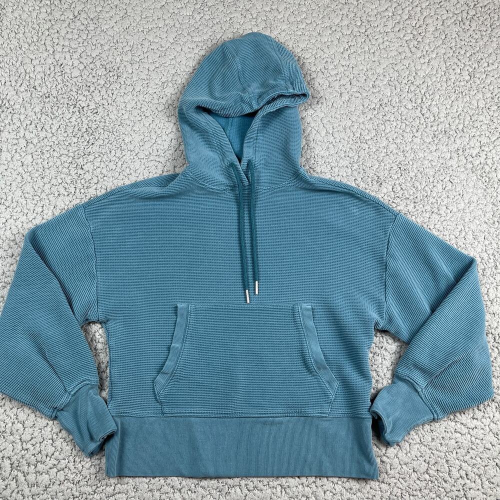 Athleta Presence Hoodie Womens XS Cropped Ribbed Athleisure Workout Gym Blue